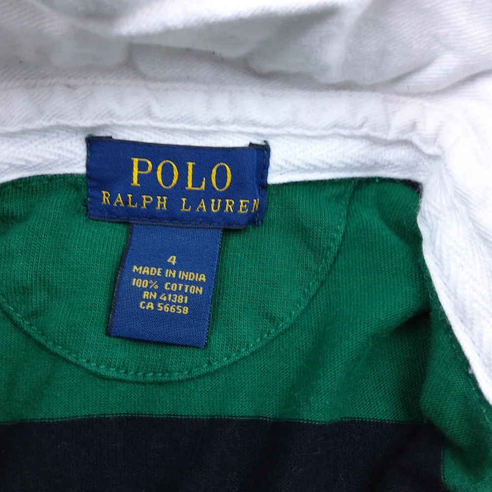 Polo Ralph Lauren, Hoodie L/S Collared Rugby Shirt ,Green W/ Black Stripes, Sz 4